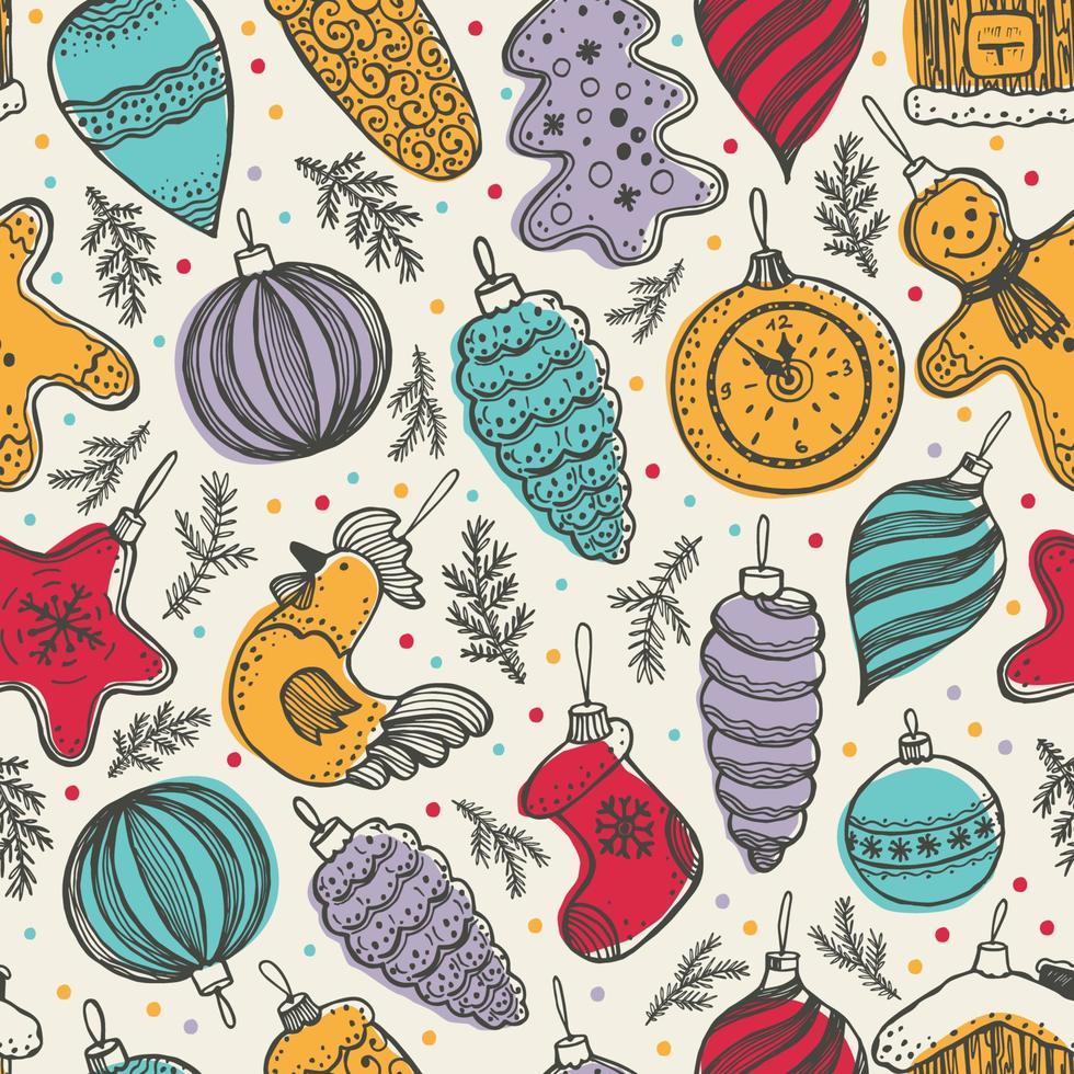 Colorful cute christmas elements seamless pattern background in retro style vector