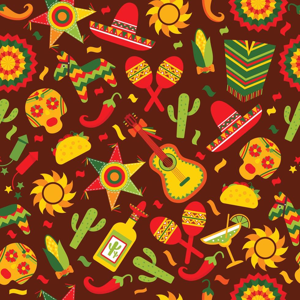 celebración del cinco de mayo en méxico, patrones sin fisuras y marrón con, comida, sambrero, tequila, ilustración de cactus.vector. vector