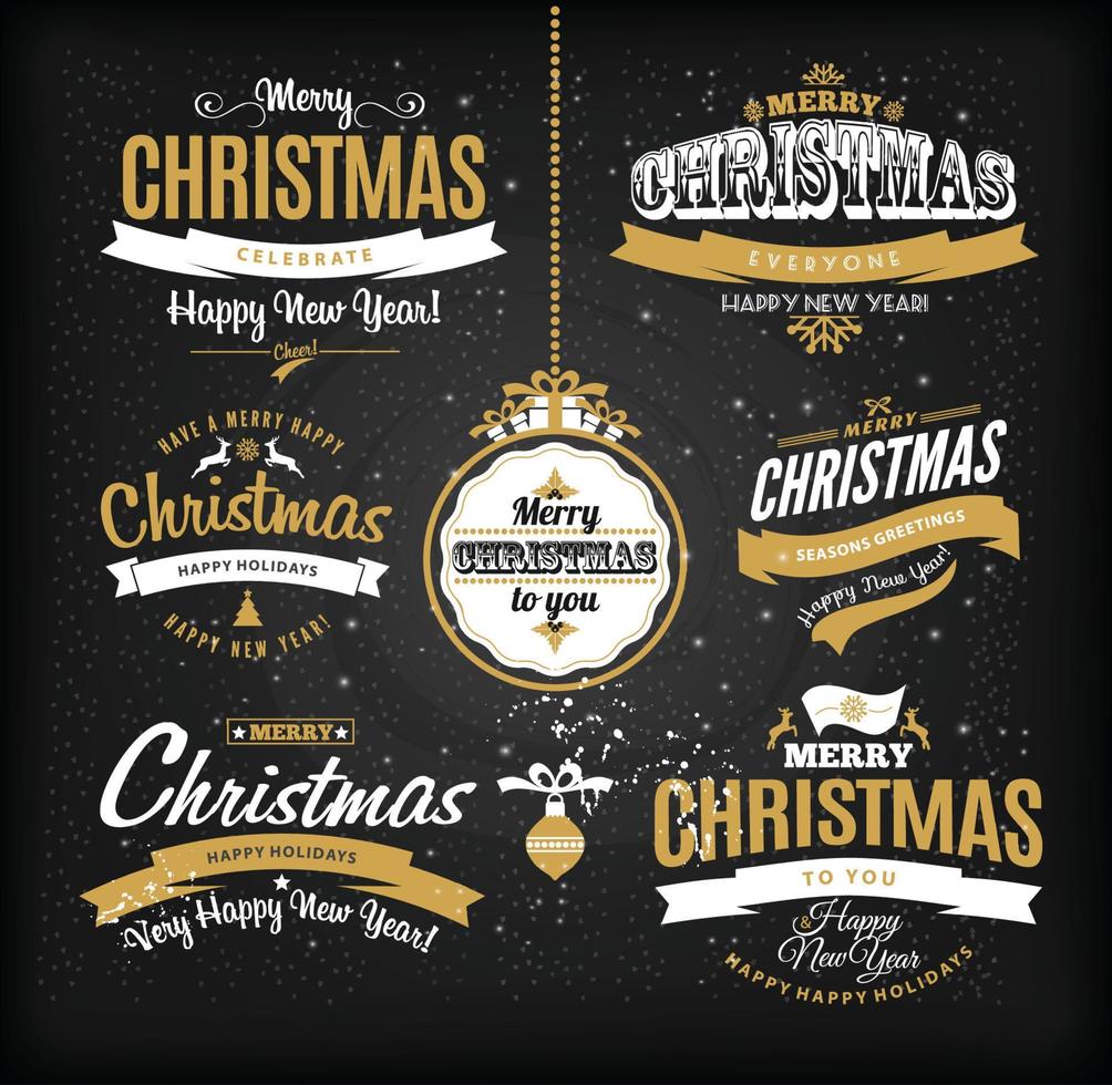 letras de navidad y feliz año nuevo en colores dorado y negro. composición de tipo. vector