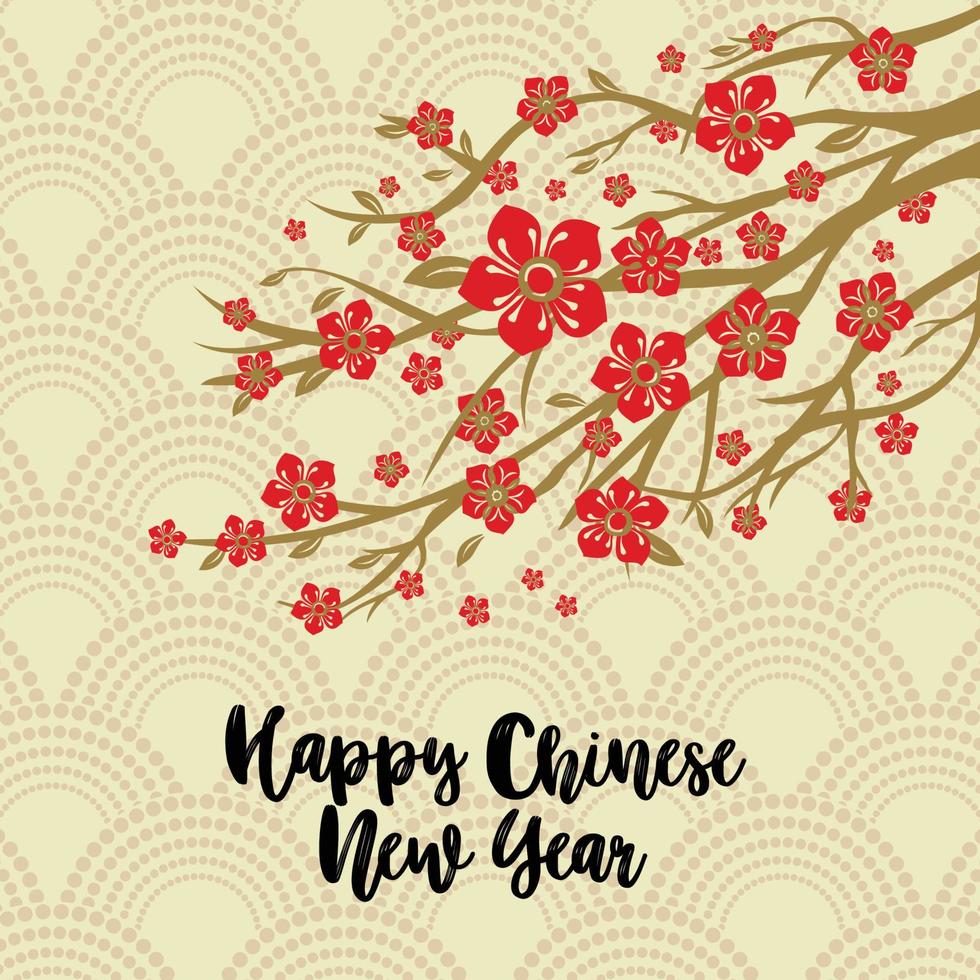 Chinese New Year Background. Red Blooming Sakura Branches on Gold Backdrop. Vector illustration.