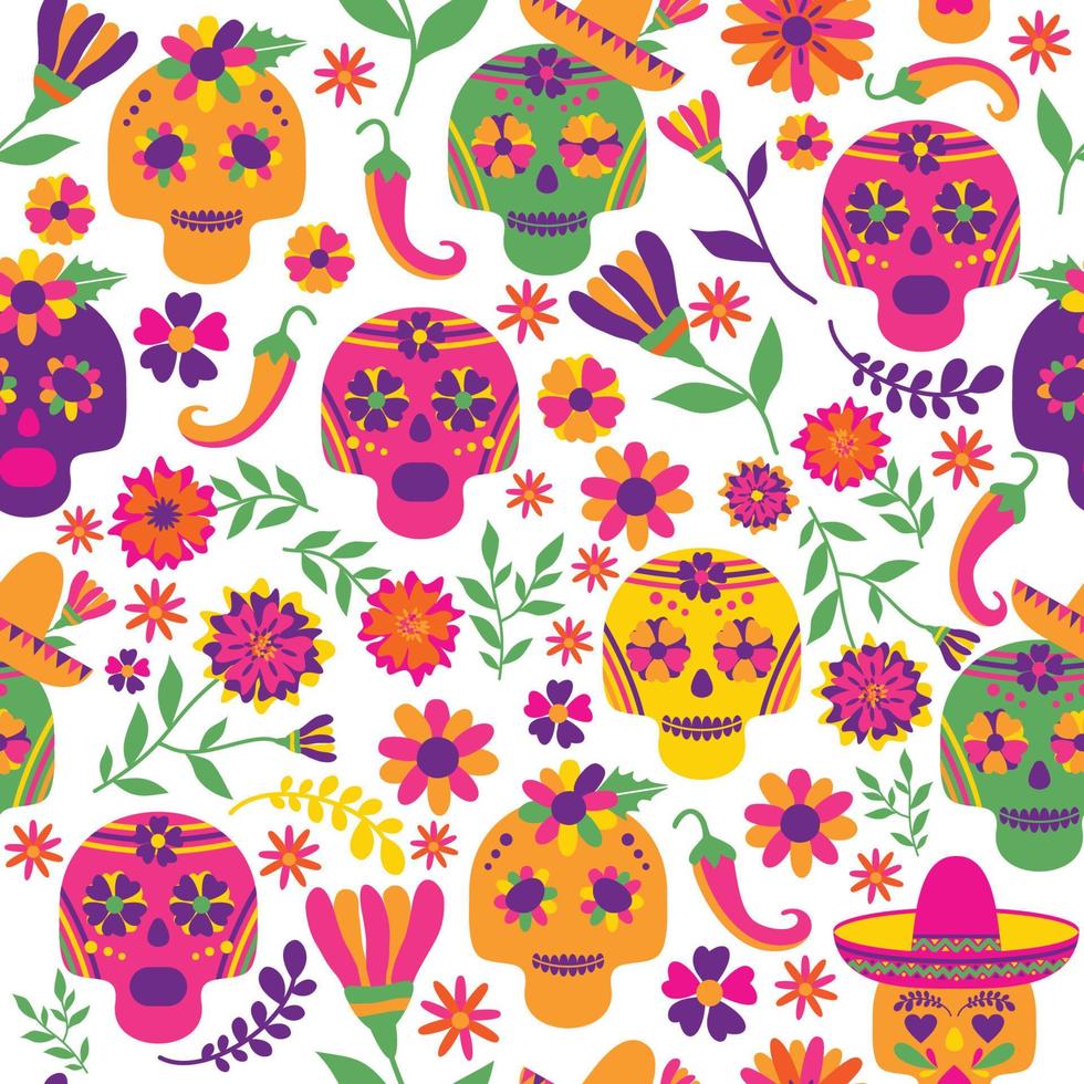 Dia de los muertos seamless vector pattern. The main symbols of the holiday on the dark background. Day of the dead.