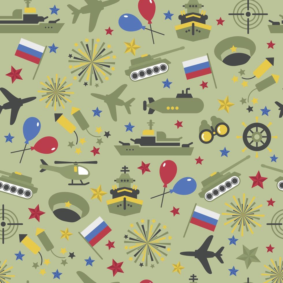 Seamless vector pattern of military icons on a camouflage background. Wrapping paper. Defender of the Fatherland Day - Russian national holiday on 23 February.