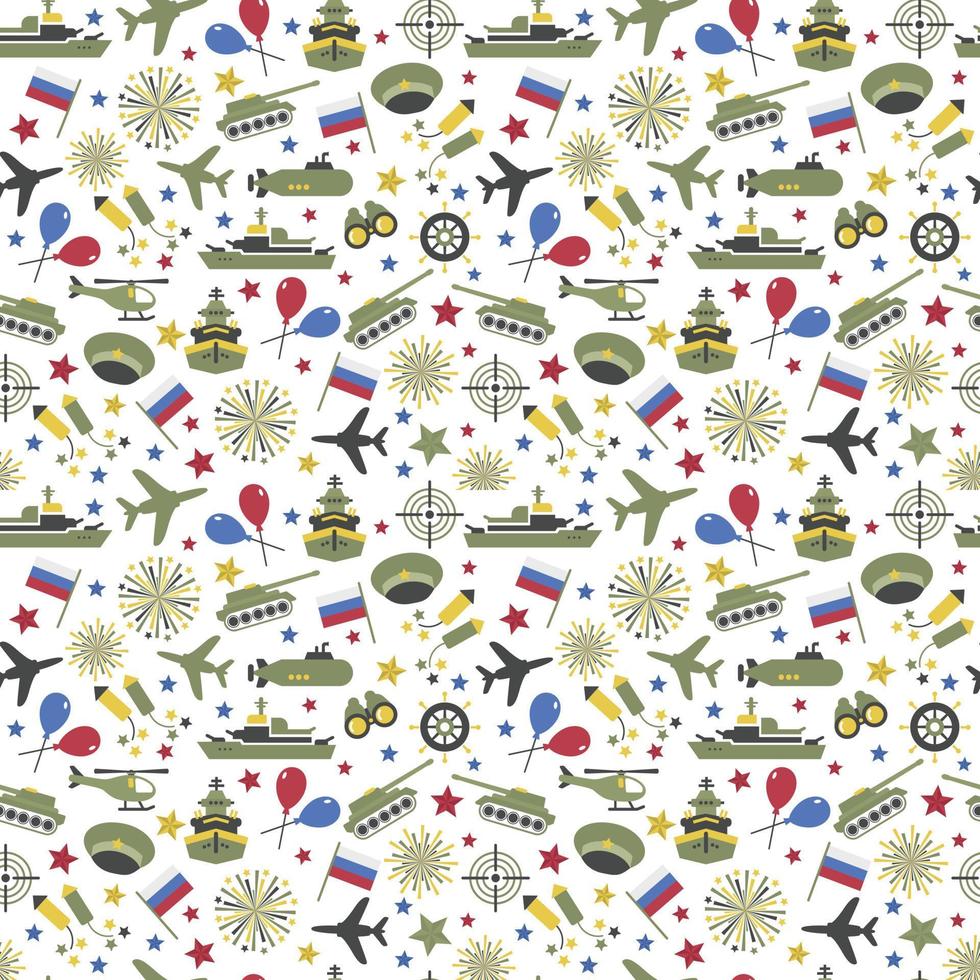 Seamless vector pattern of military icons on a white background. Wrapping paper. Defender of the Fatherland Day - Russian national holiday on 23 February.