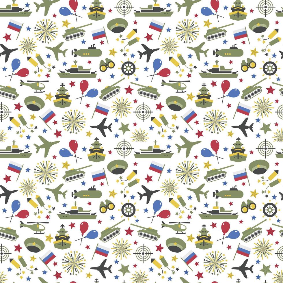 Seamless vector pattern of military icons on a white background. Wrapping paper. Defender of the Fatherland Day - Russian national holiday on 23 February.