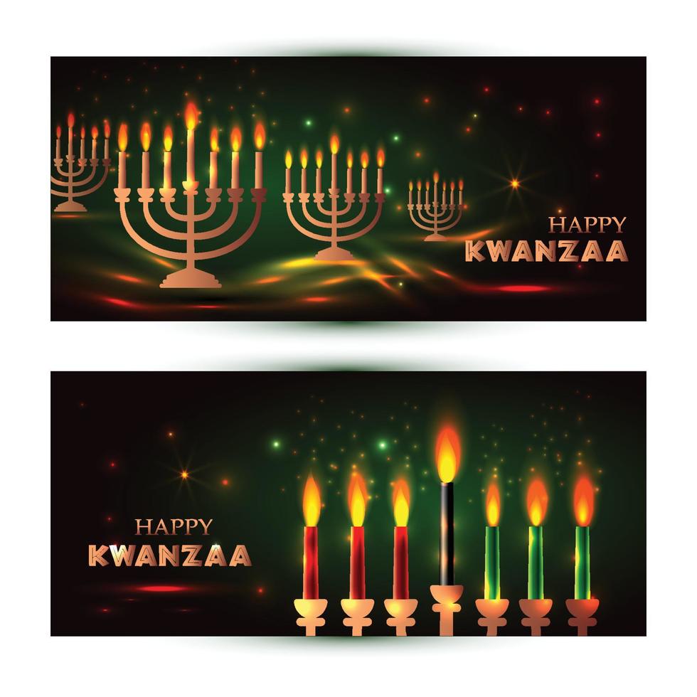 pancartas horizontales para kwanzaa con colores tradicionales y velas que representan los siete principios o nguzo saba. vector