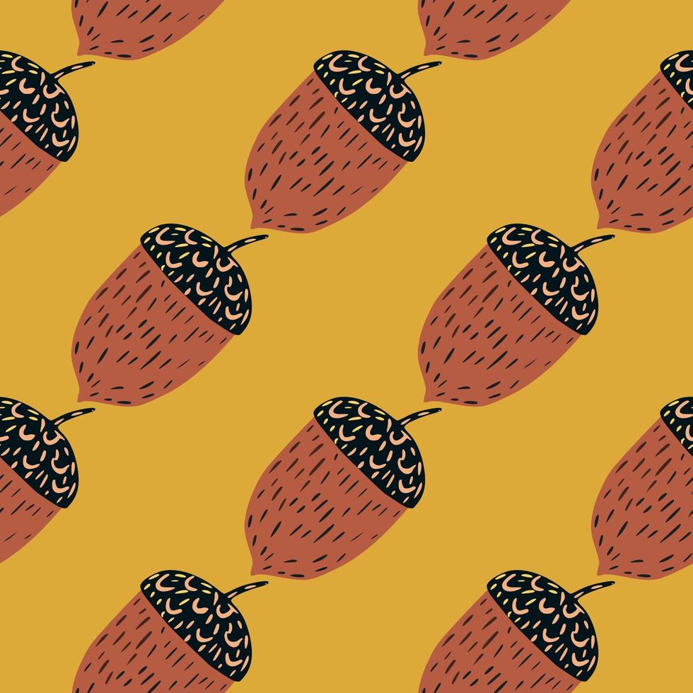 Autumn seamless pattern with paste tones chestnut hand drawn elements on yellow background. vector