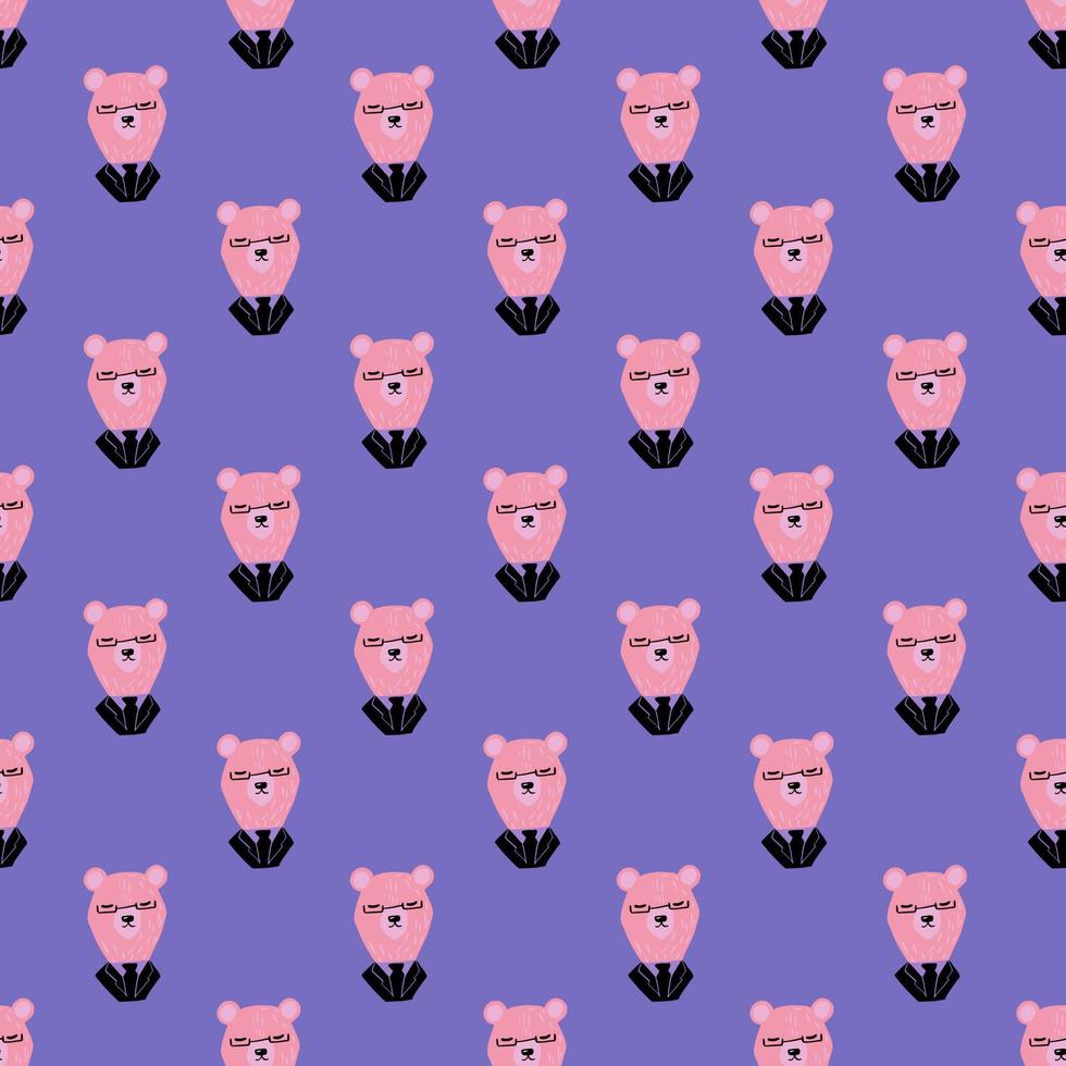 Bright childish seamless pattern with pink colored bear head ornament. Purple background. vector