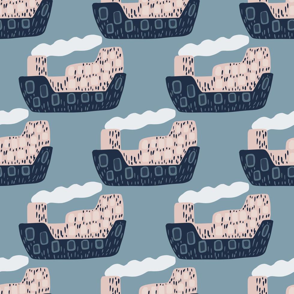 Cartoon funny seamless baby pattern with navy blue steamship ornament. Blue background. vector