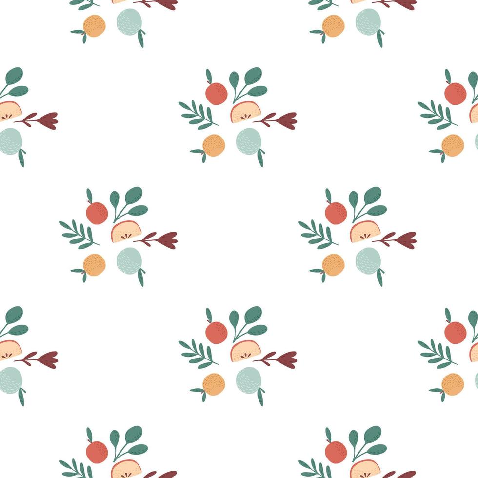 Botanic print seamless pattern with red and blue apples and leaves elements. White background. Food backdrop. vector