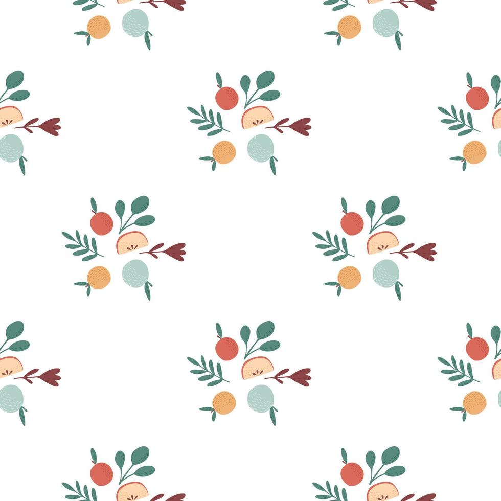 Botanic print seamless pattern with red and blue apples and leaves elements. White background. Food backdrop. vector