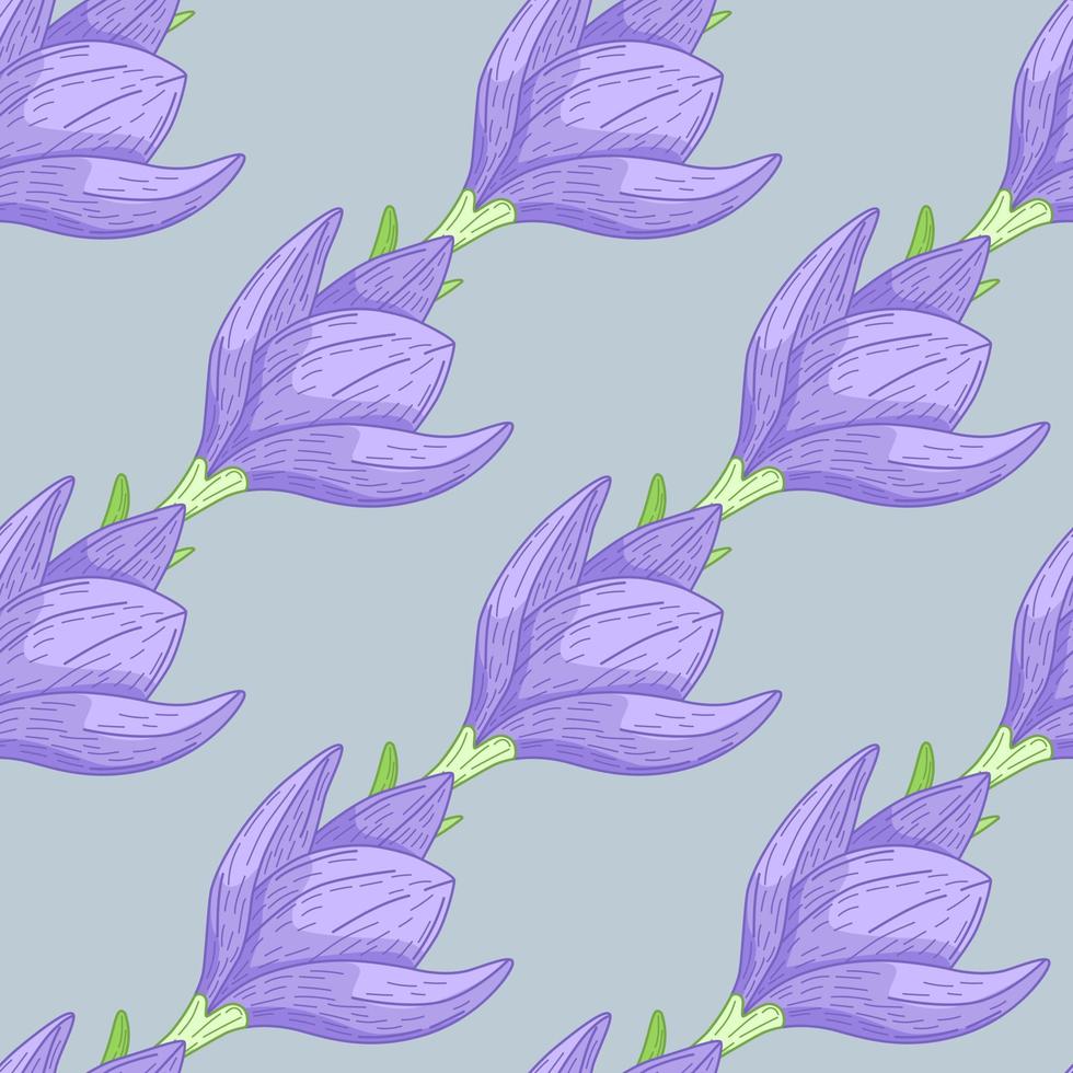 Hand drawn decorative seamless pattern with purple outline lower silhouettes ornament on light backkround. vector