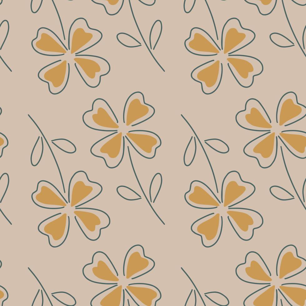 Sketch orange four-leaf clover seamless pattern in simple style. Pale lilac background. Simple print. vector