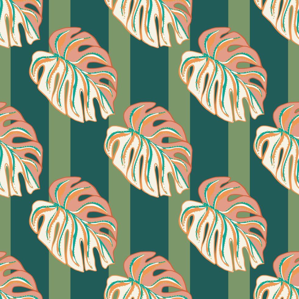 Pink hand drawn exotic monstera leaf silhouettes seamless pattern. Green striped background. Doodle print. vector