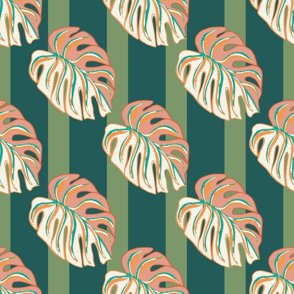 siluetas de hojas de monstera exóticas dibujadas a mano rosa sin costuras. fondo de rayas verdes. impresión de garabatos. vector