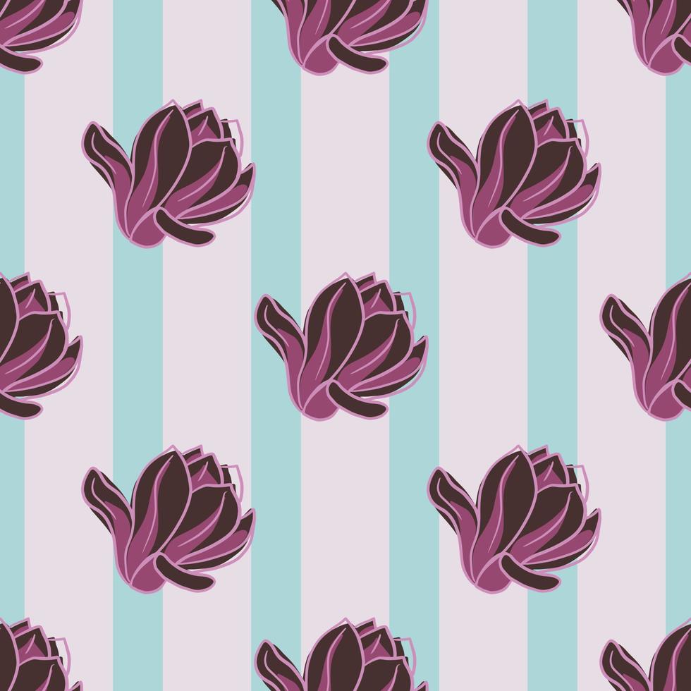 Purple colored seamless pattern with botany magnolia flower shapes. Blue and pink striped background. vector