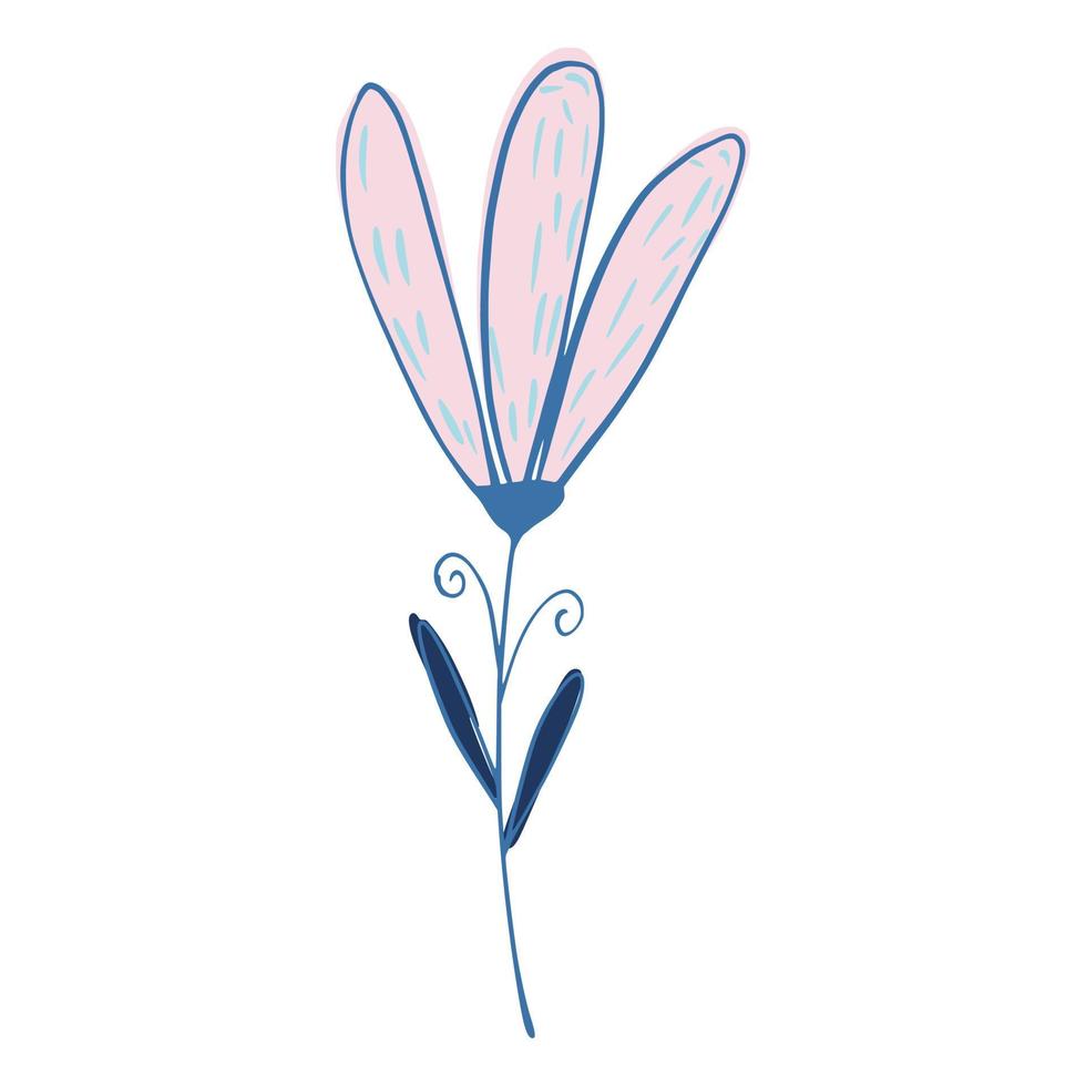 Flower isolated on white background. Abstract botanical sketch blue and pink color hand drawn in style doodle. vector