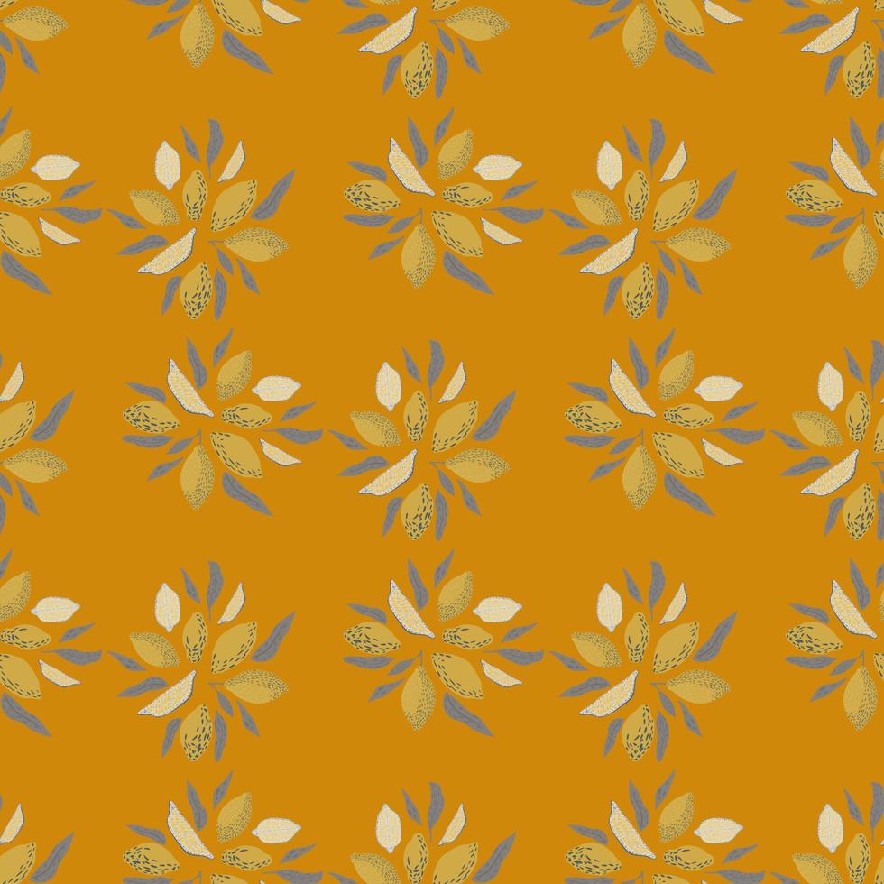 Organic citrus seamless pattern with simple lemons shapes and leaves. Orange background. vector