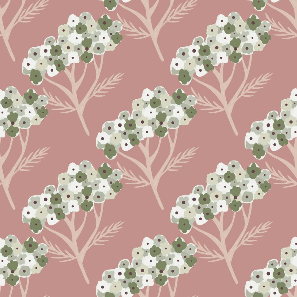 Summer seamless pattern with cute yarrow green and white shapes. Pink background. vector