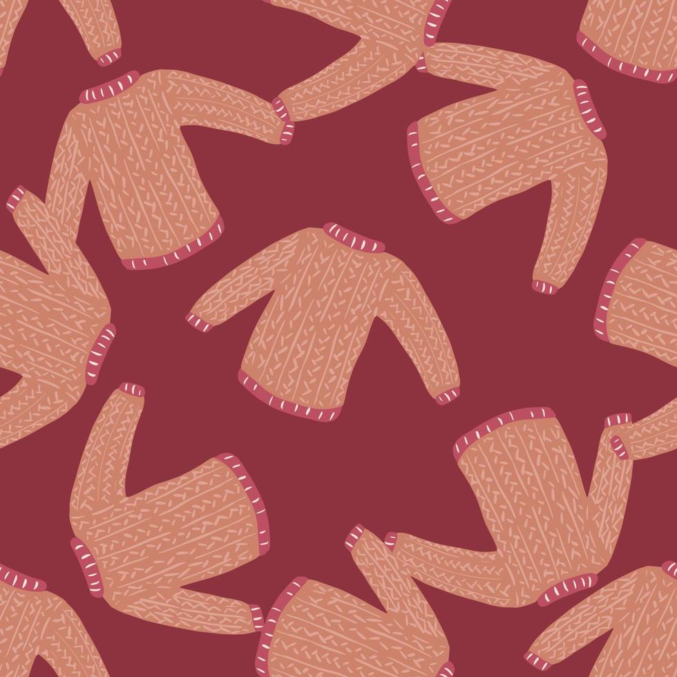 Clothes backdrop in red and maroon pale tones. Cozy winter sweater doodle seamless pattern. vector
