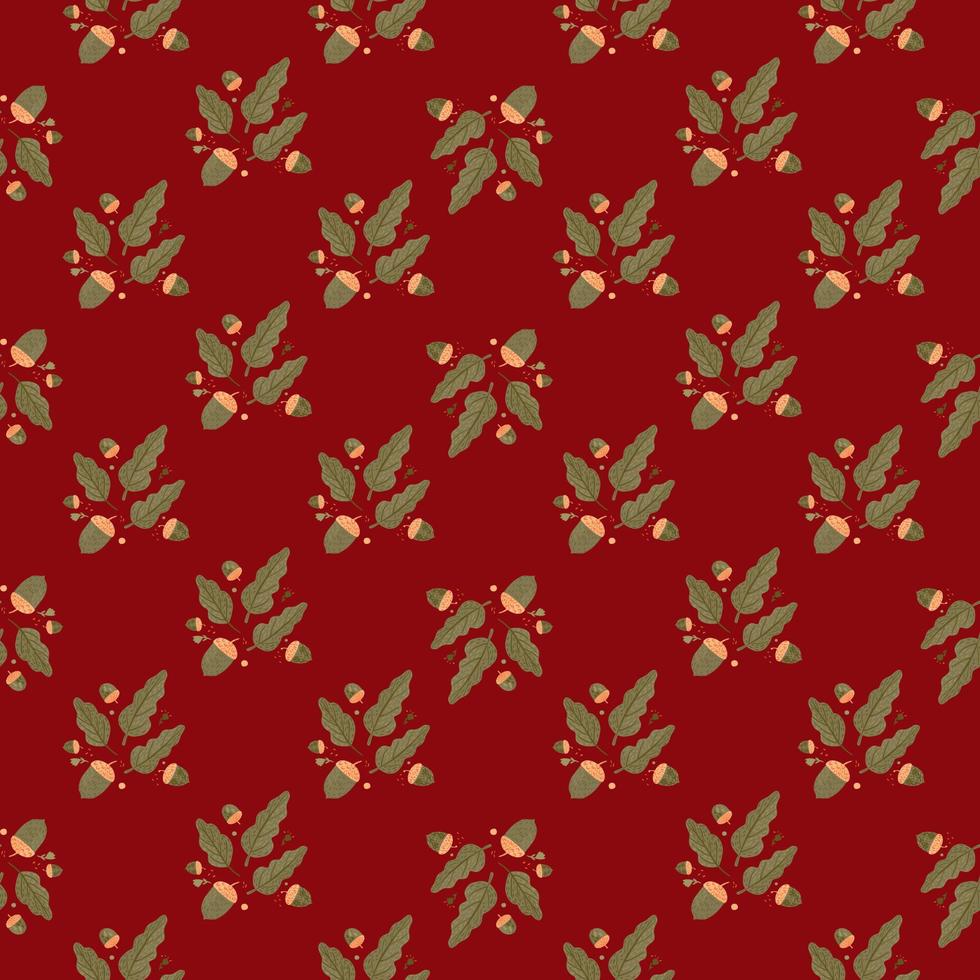 Creative seamless pattern with green foliage and acorns ornament. Maroon dark background. vector