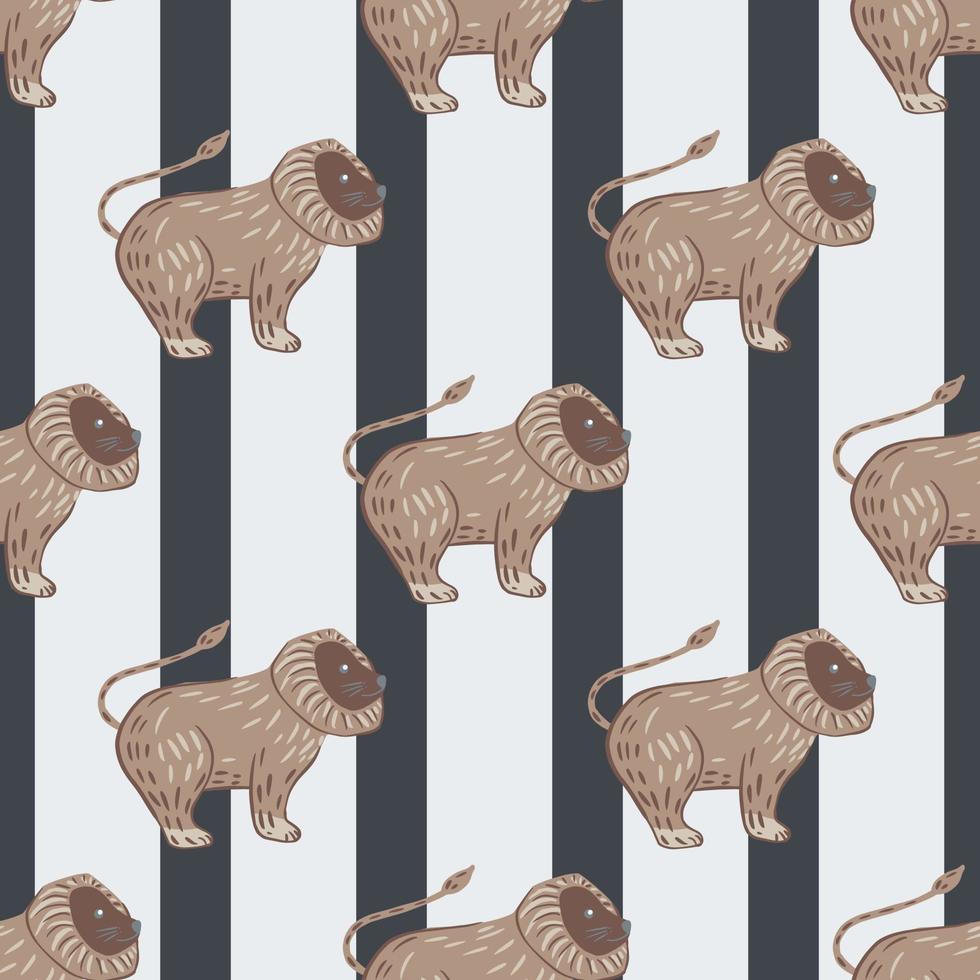 Childish animal seamless pattern with beige lion king shapes. Striped background with grey lines. vector