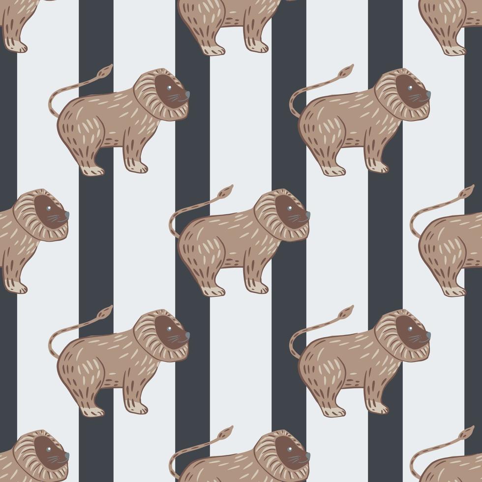 Childish animal seamless pattern with beige lion king shapes. Striped background with grey lines. vector