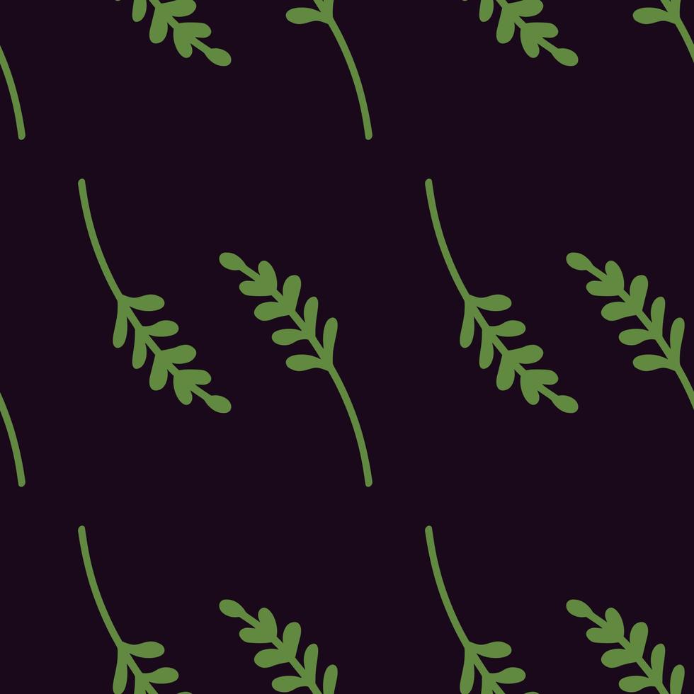 Decorative seamless pattern with doodle green branches ornament. Dark navy blue background. Simple style. vector