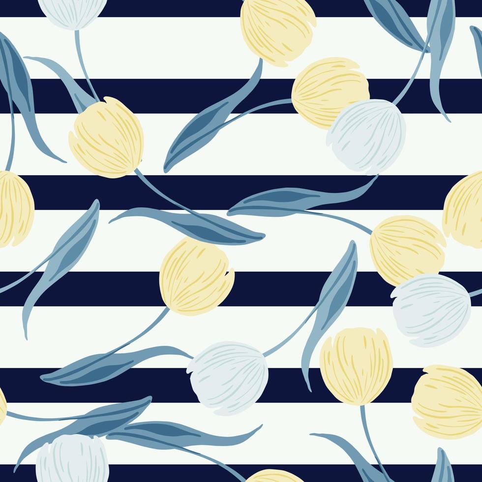 Bright colors seamless pattern with random yellow and blue tulip bud ornament. Striped navy blue background. vector