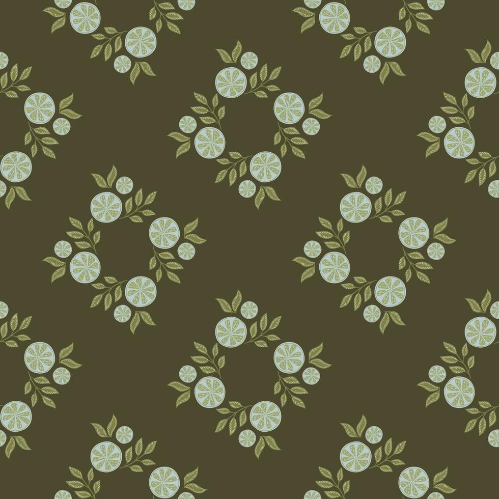 Geometric style seamless pattern with blue lemon slices ornament. Dark green-olive background. vector