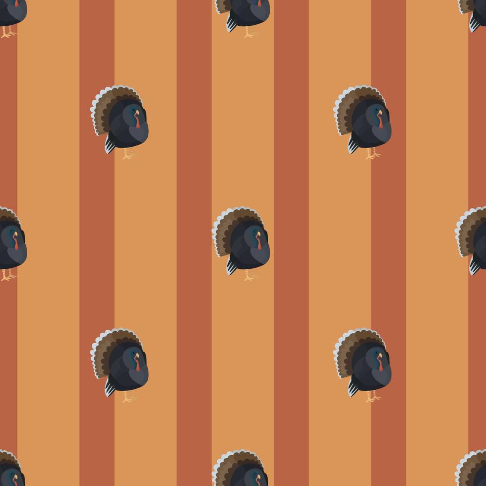 Seamless pattern Turkey on orange striped background. Texture of farm bird for any purpose. vector
