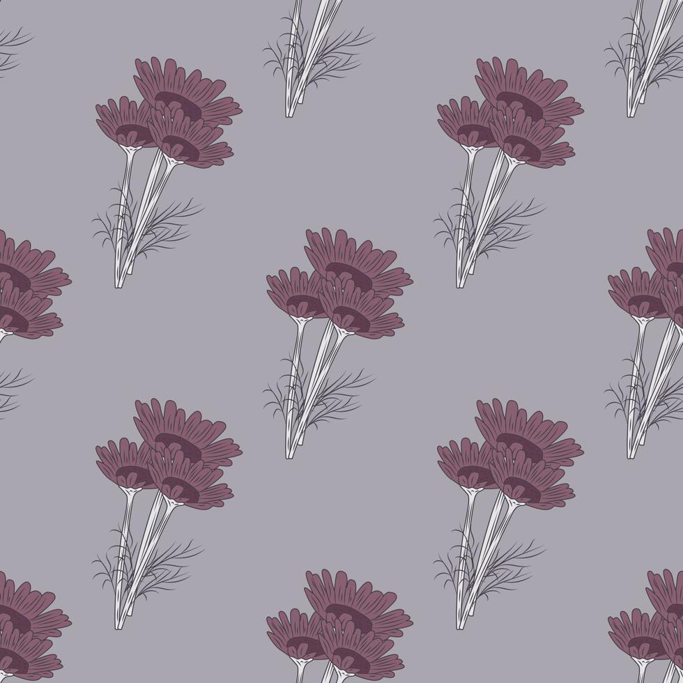 manzanilla de patrones sin fisuras sobre fondo gris. hermoso adorno de flores violetas de verano. vector