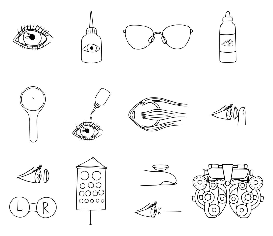 Set optometry elements isolated on white background. Collection medical equipment phoropter, eyeglasses, laser eye, eyes, lenses, container, drops. vector