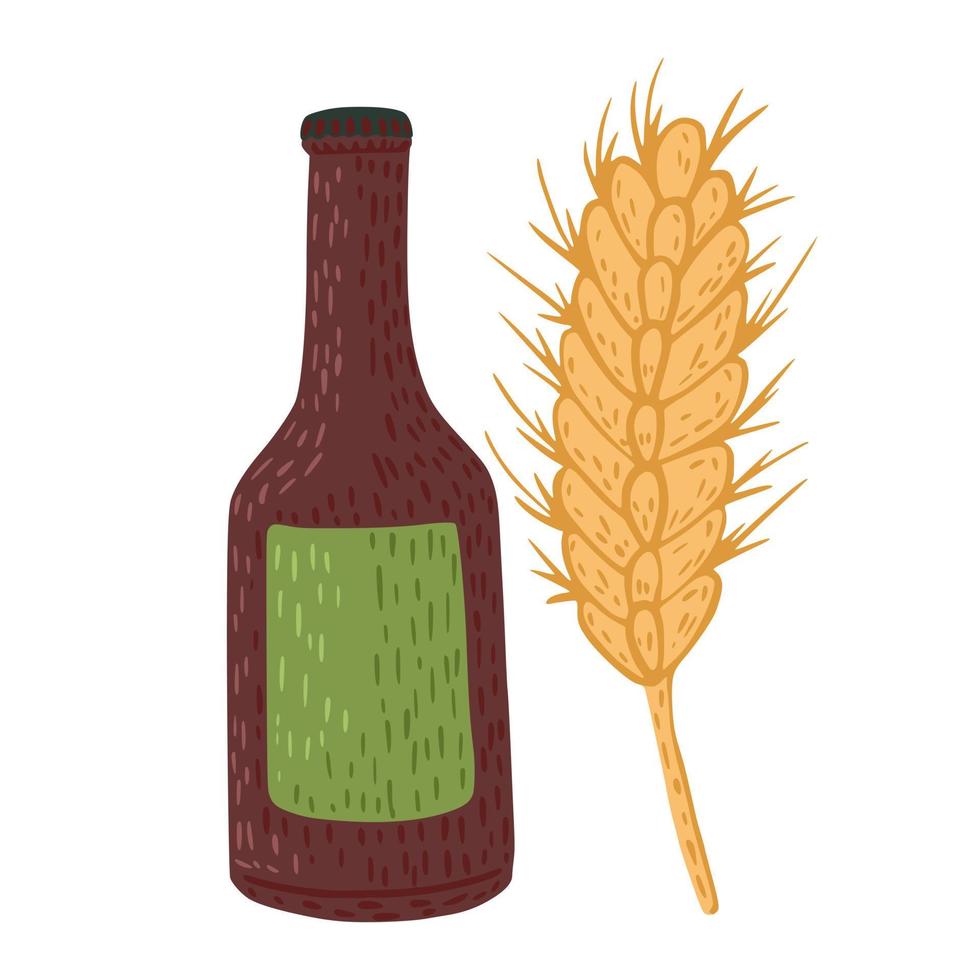 Botella de cerveza y trigo aislado sobre fondo blanco. elemento de diseño gráfico en estilo garabato. vector