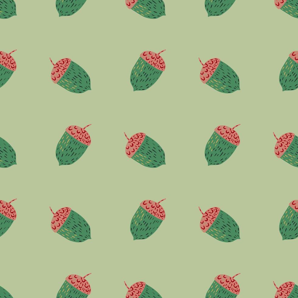 Tonos pastel patrón botánico sin costuras con adorno de bellota de color verde y rojo. fondo pastel vector