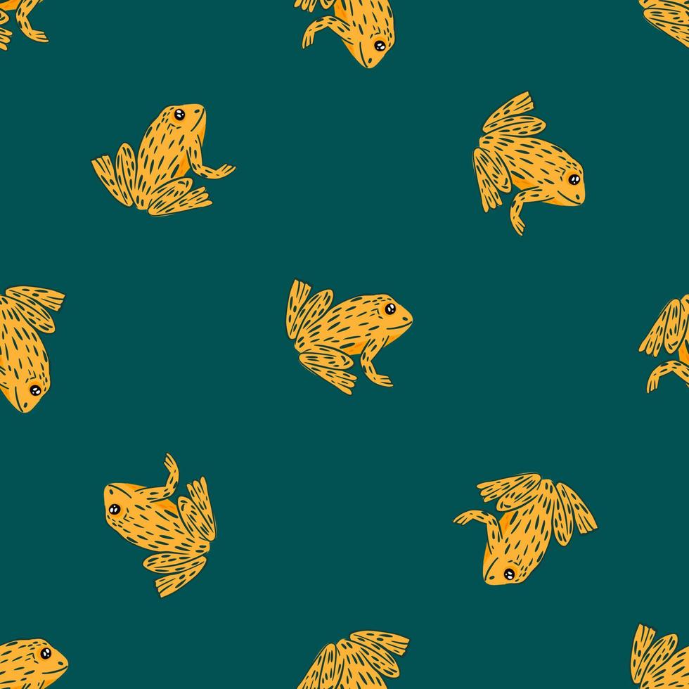 Abstract animal exotic seamless pattern with marine frog orange contoured shapes. Turquoise background. vector