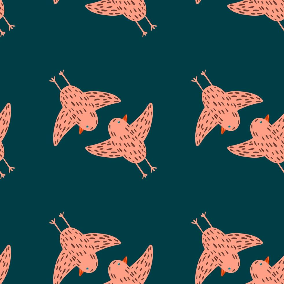 Minimalistic seamless pattern with outline birds flying elements. Dark turquoise background. vector