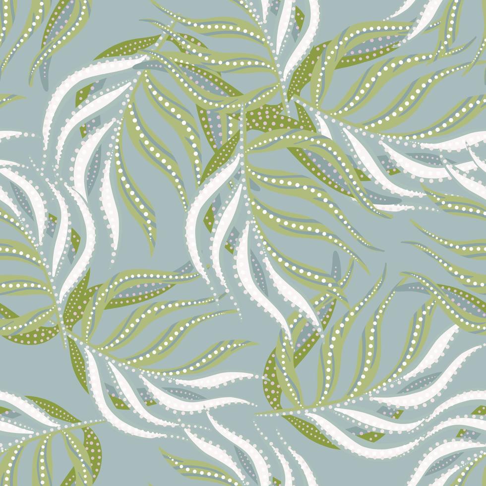 Decorative abstract seamless pattern with random leaf palm shapes. Blue pastel background. Simple style print. vector