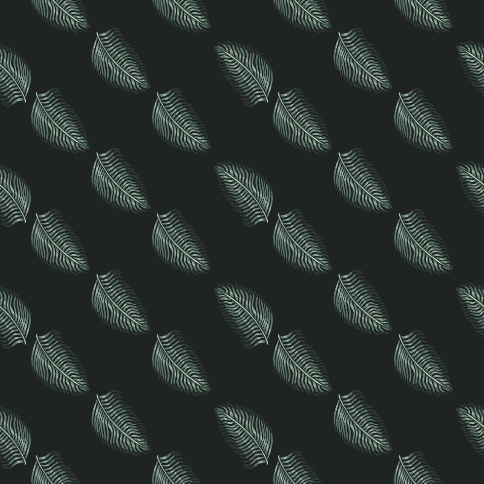Dark seamless pattern with pale blue fern leaf silhouettes print. Black background. Tropical greenery print. vector