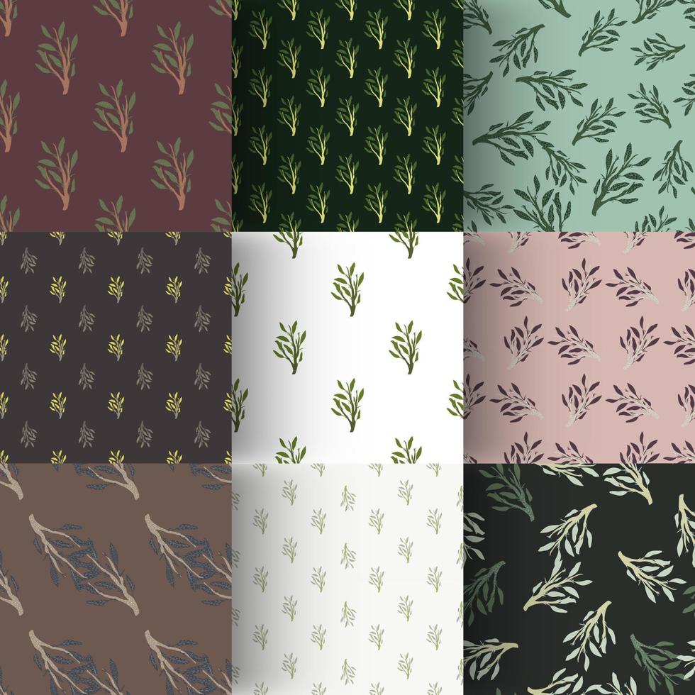 Set of branches seamless pattern. Simple botanical leaves ornament collection. vector
