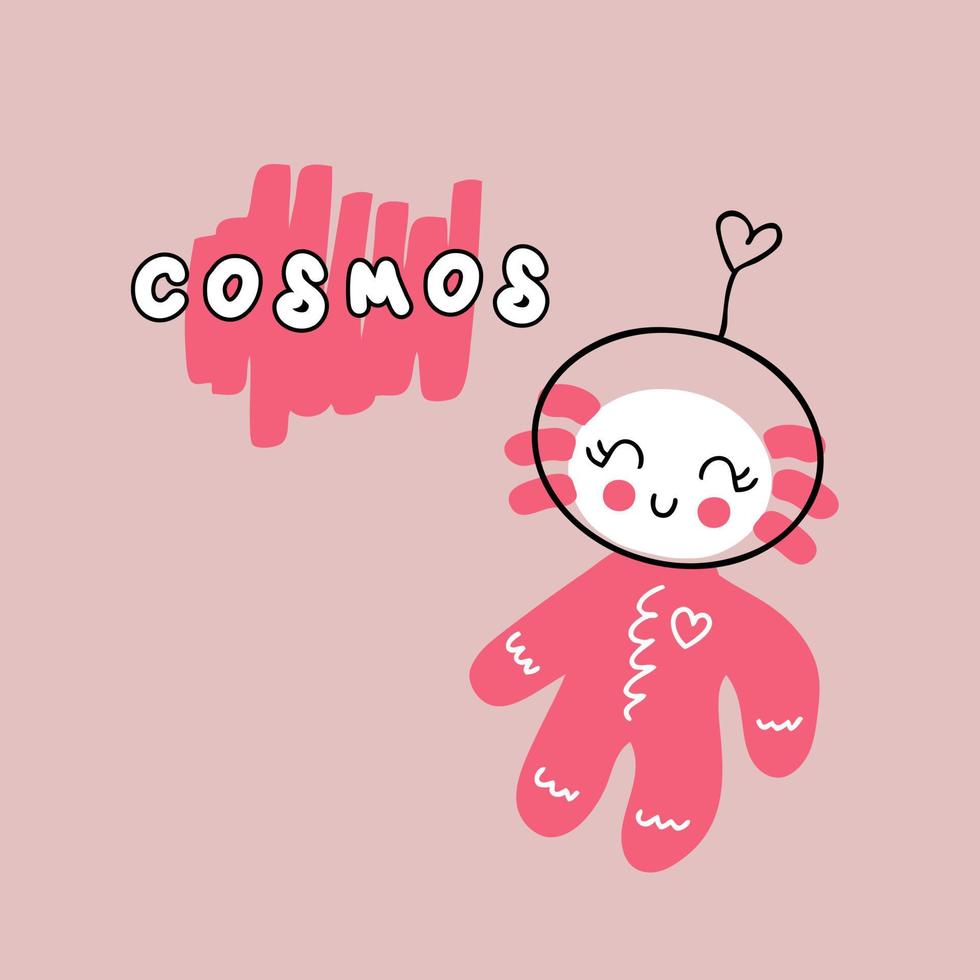 Hand drawn axolotl as astronaut and text COSMOS. vector