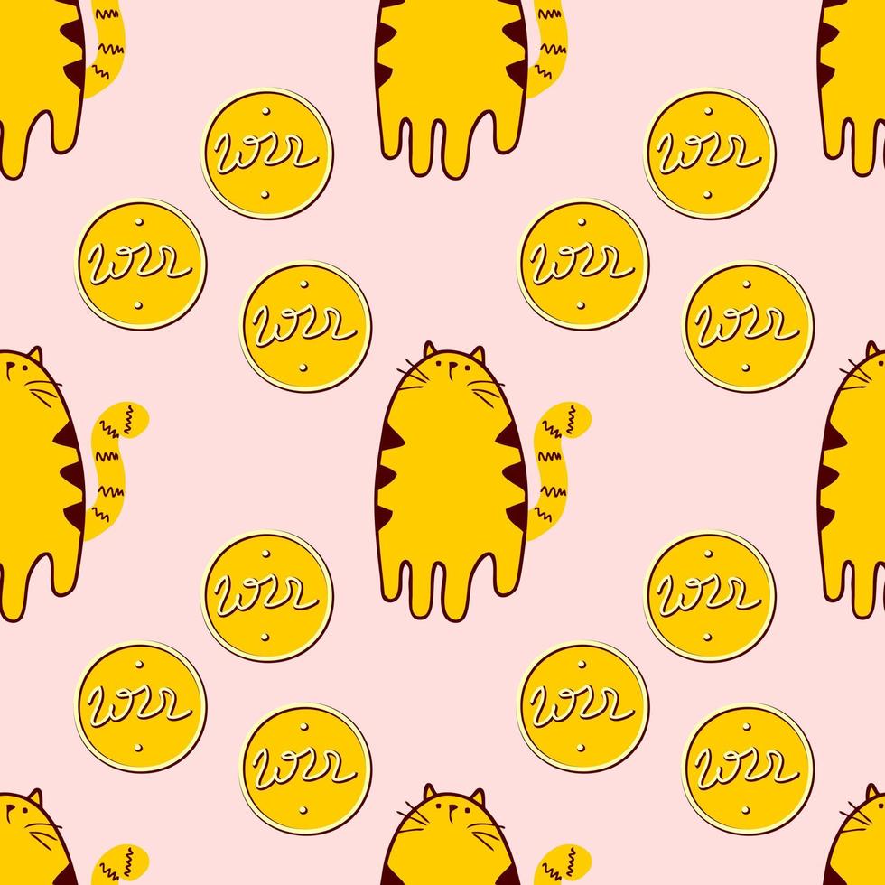Doodle seamless pattern with tigers and golden 2022 coins. vector