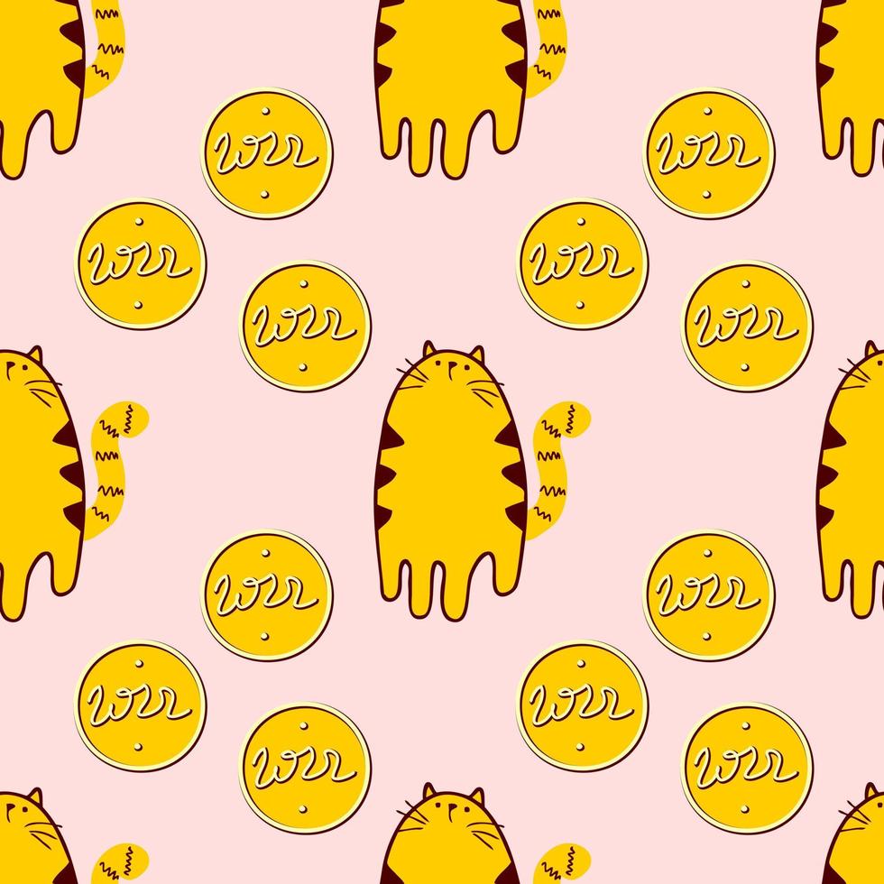 Doodle seamless pattern with tigers and golden 2022 coins. vector