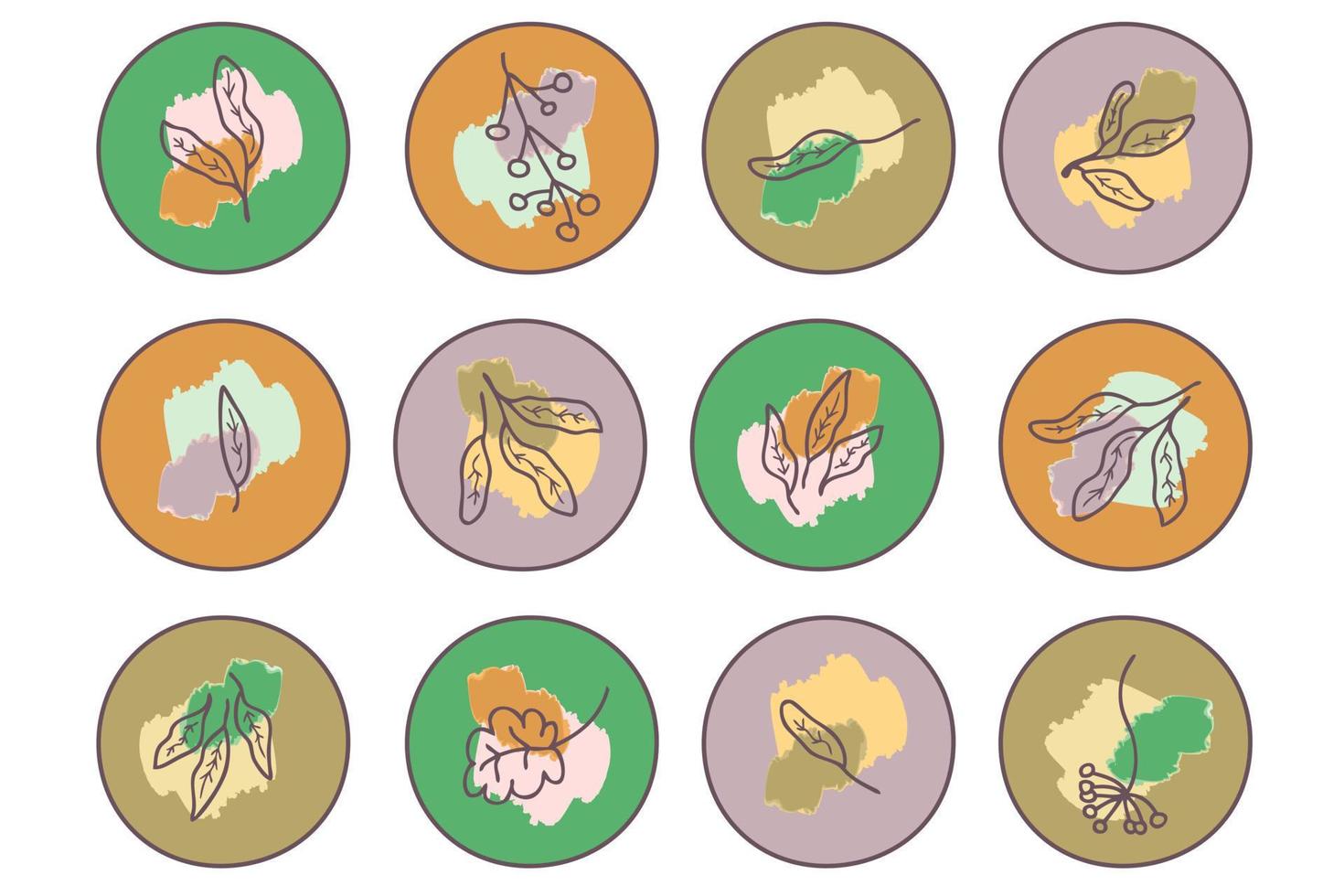 Colourful highlight icons set with doodle leaves and watercolour spots. vector