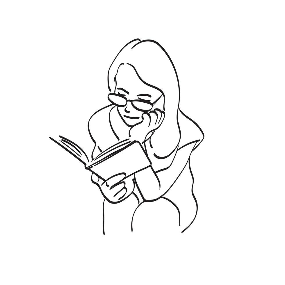 mujer de arte de línea con gafas leyendo libro ilustración vector dibujado a mano aislado sobre fondo blanco