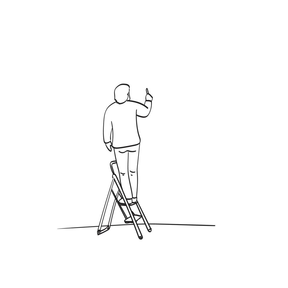 hombre de arte de línea en la escalera escribiendo en el espacio en blanco ilustración vector dibujado a mano aislado sobre fondo blanco