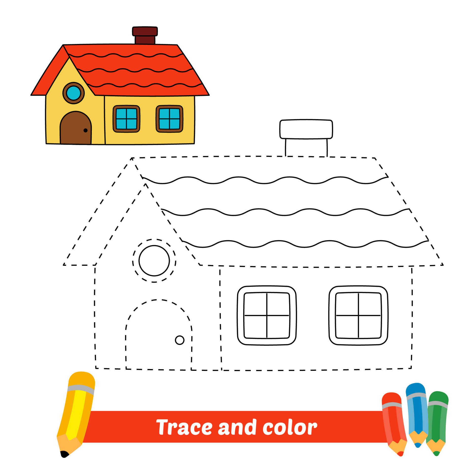Trace and color for kids, house vector 5690874 Vector Art at Vecteezy