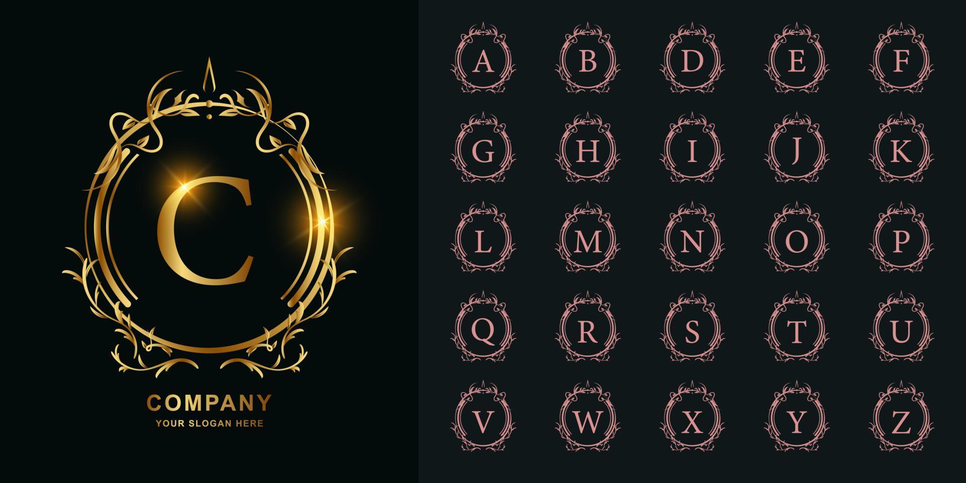 Letter C or collection initial alphabet with luxury ornament floral frame golden logo template. vector