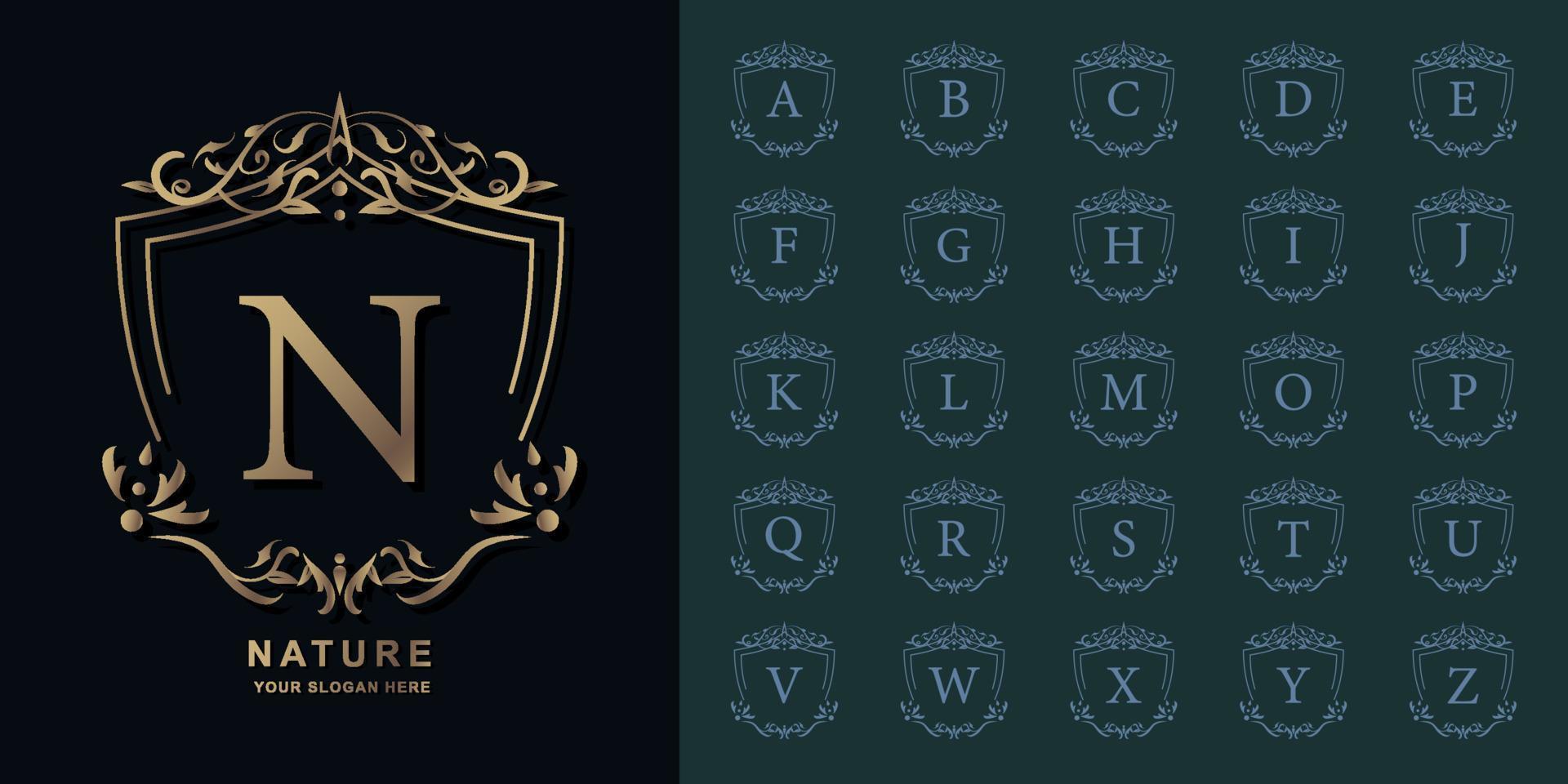 letra n o alfabeto inicial de colección con plantilla de logotipo dorado de marco floral de adorno de lujo. vector