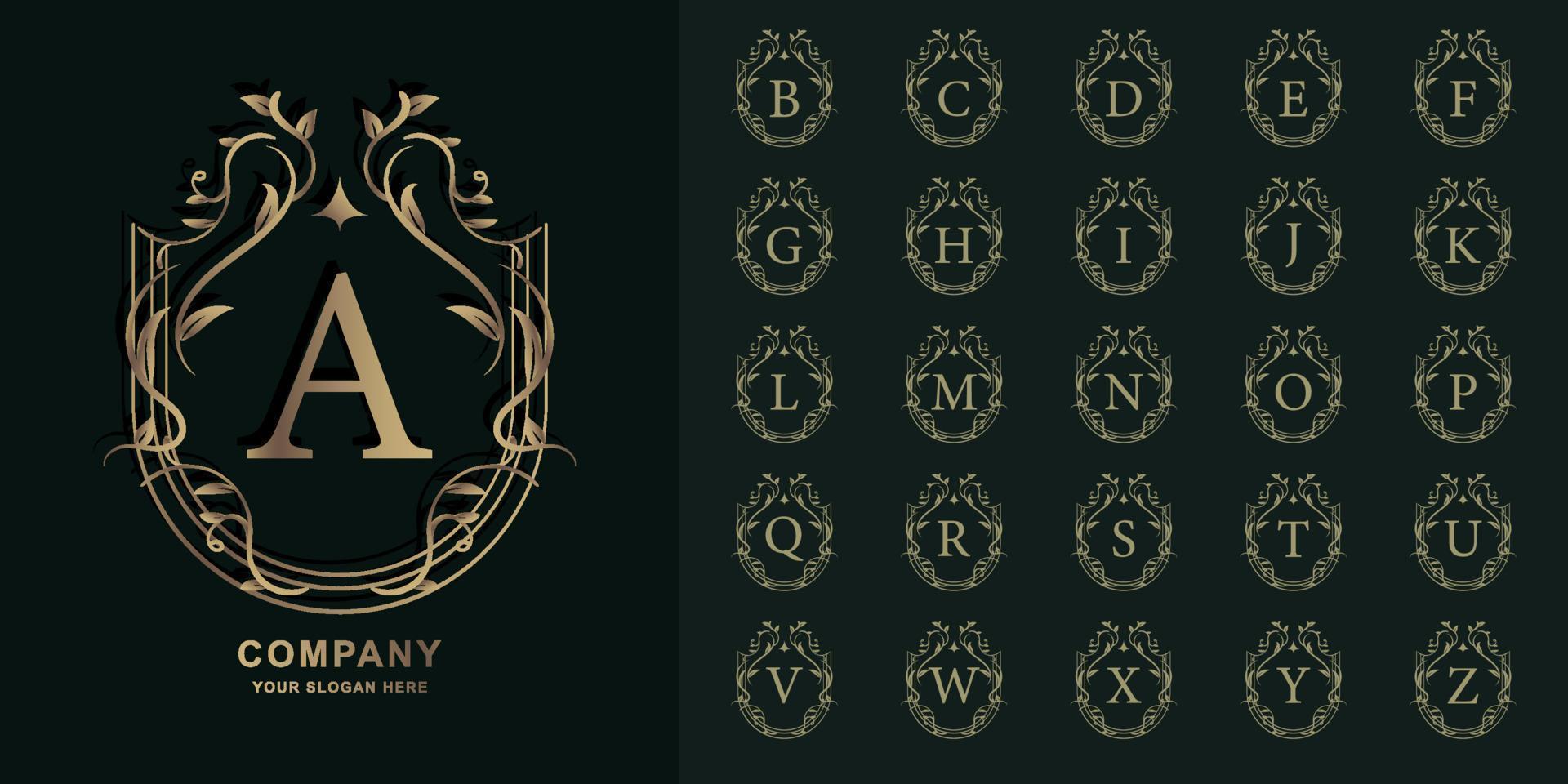 Letter A or collection initial alphabet with luxury ornament floral frame golden logo template. vector