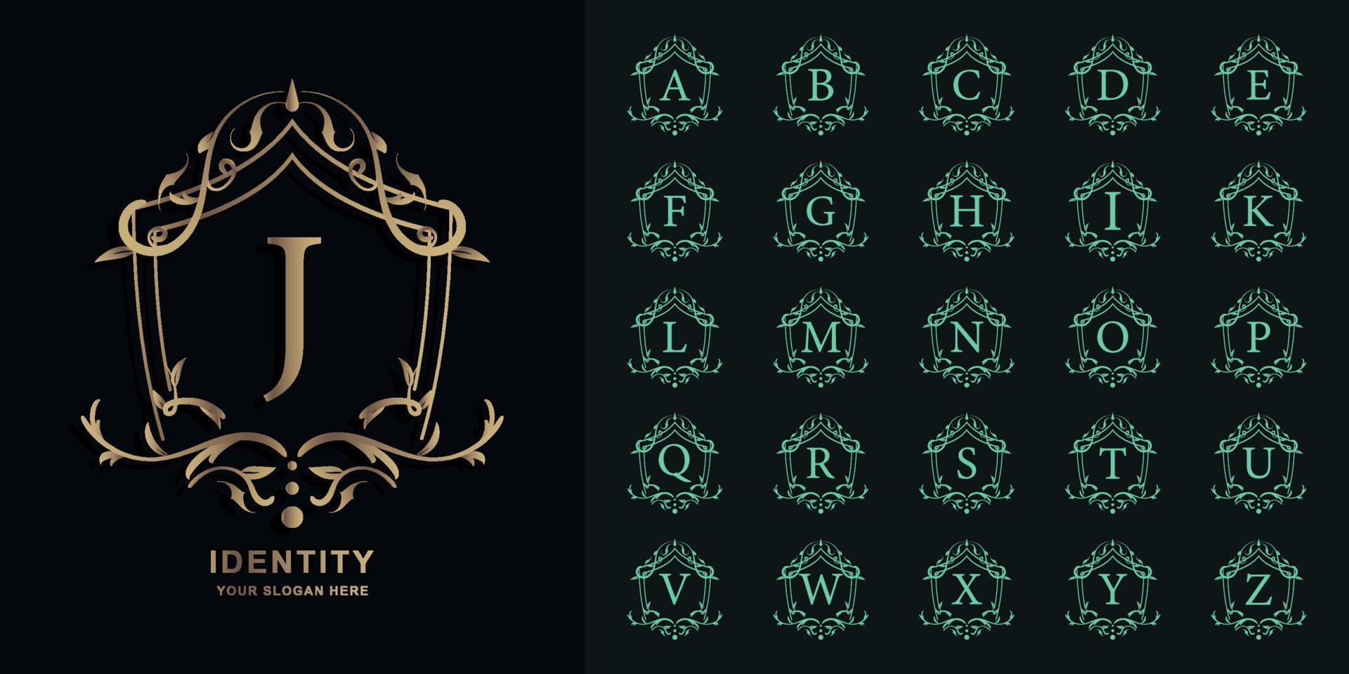 Letter J or collection initial alphabet with luxury ornament floral frame golden logo template. vector